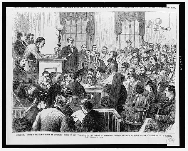 Scene in a crowded courtroom.